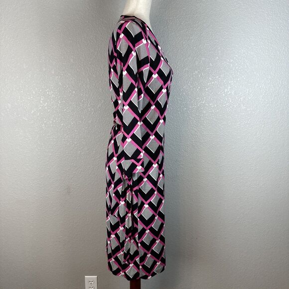 Diane Von Furstenberg Julian Two Wrap Dress Size 12 Square Tips Pink Black Silk - Picture 5 of 10